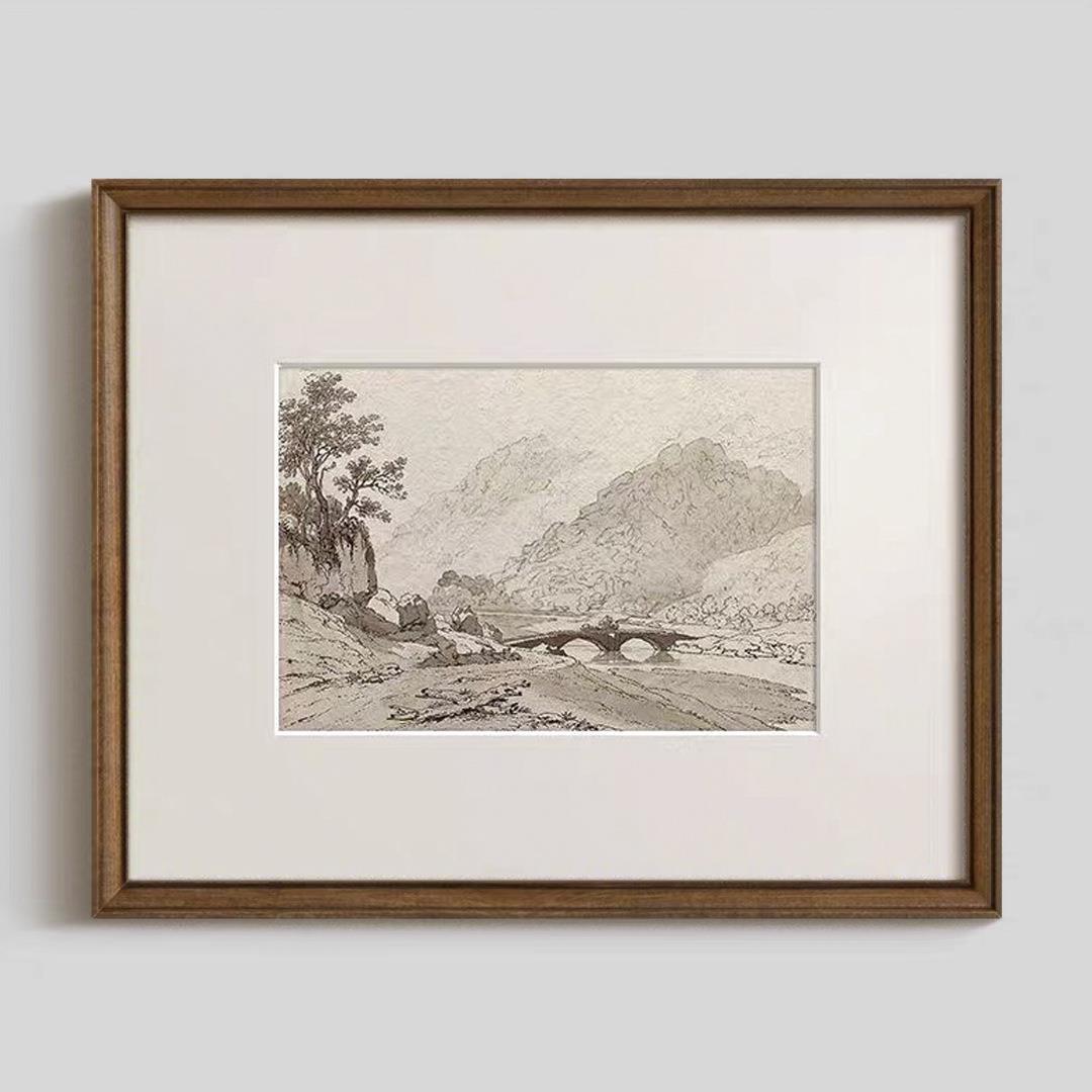 风景素描版画法式黑白复古客厅装饰画美式中古风餐厅玄关走廊挂画
