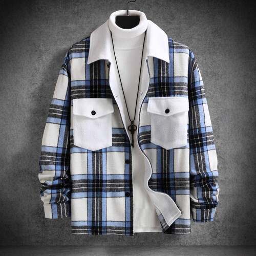 Men's Plaid Soft Fleece Lined Shirt Jacket Vintage Casual