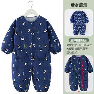 儿童连体罩衣秋冬季男童宝宝画画防水防脏婴儿爬行爬爬服女童外穿