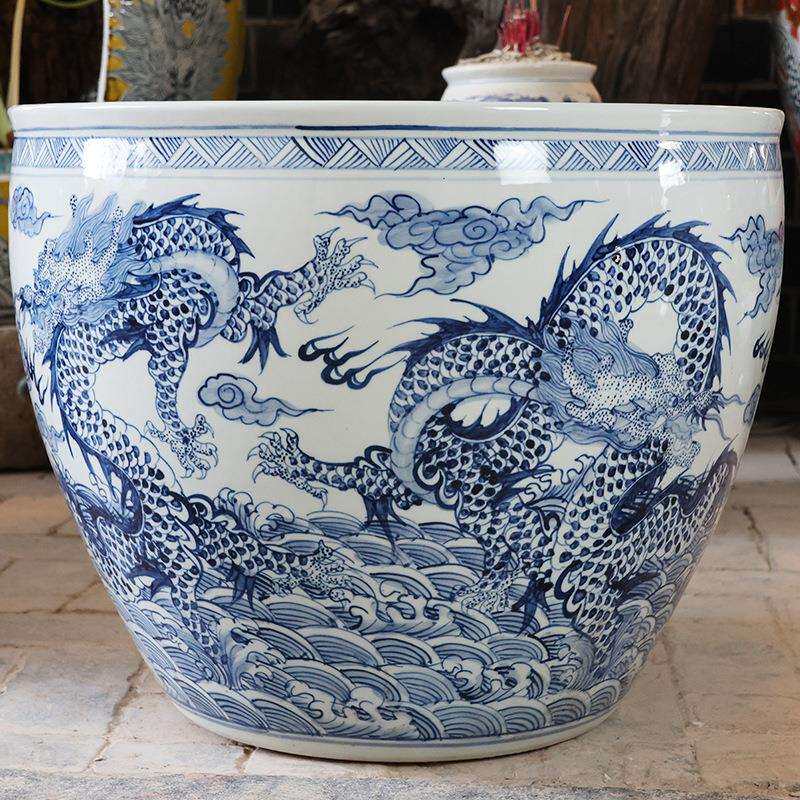景德镇青花海水龙纹米缸防潮防虫家用青花瓷水缸陶瓷工艺品现货