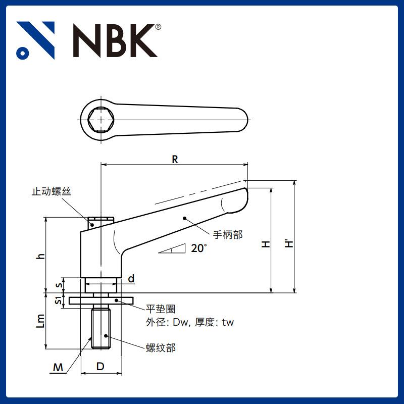 NBK LDMS-LW-AS 夹紧手柄平垫圈装入型不锈钢把手可锁定调节旋转