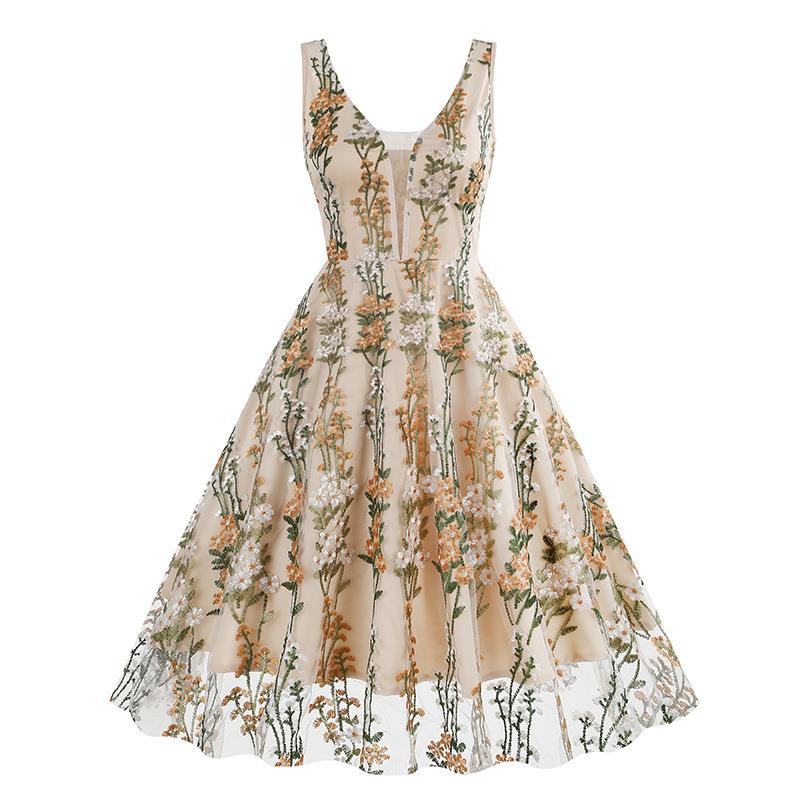 V-neck sleeveless heavily embroidered retro dress Audrey