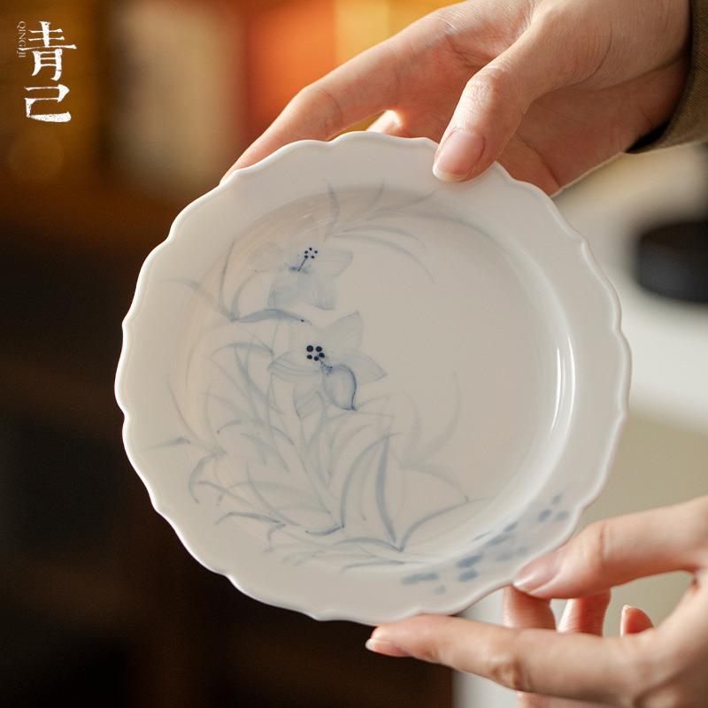 唐宋陶瓷花口壶承手绘青花疏花絮影茶道配件干泡盘茶点盘茶具瓷盘