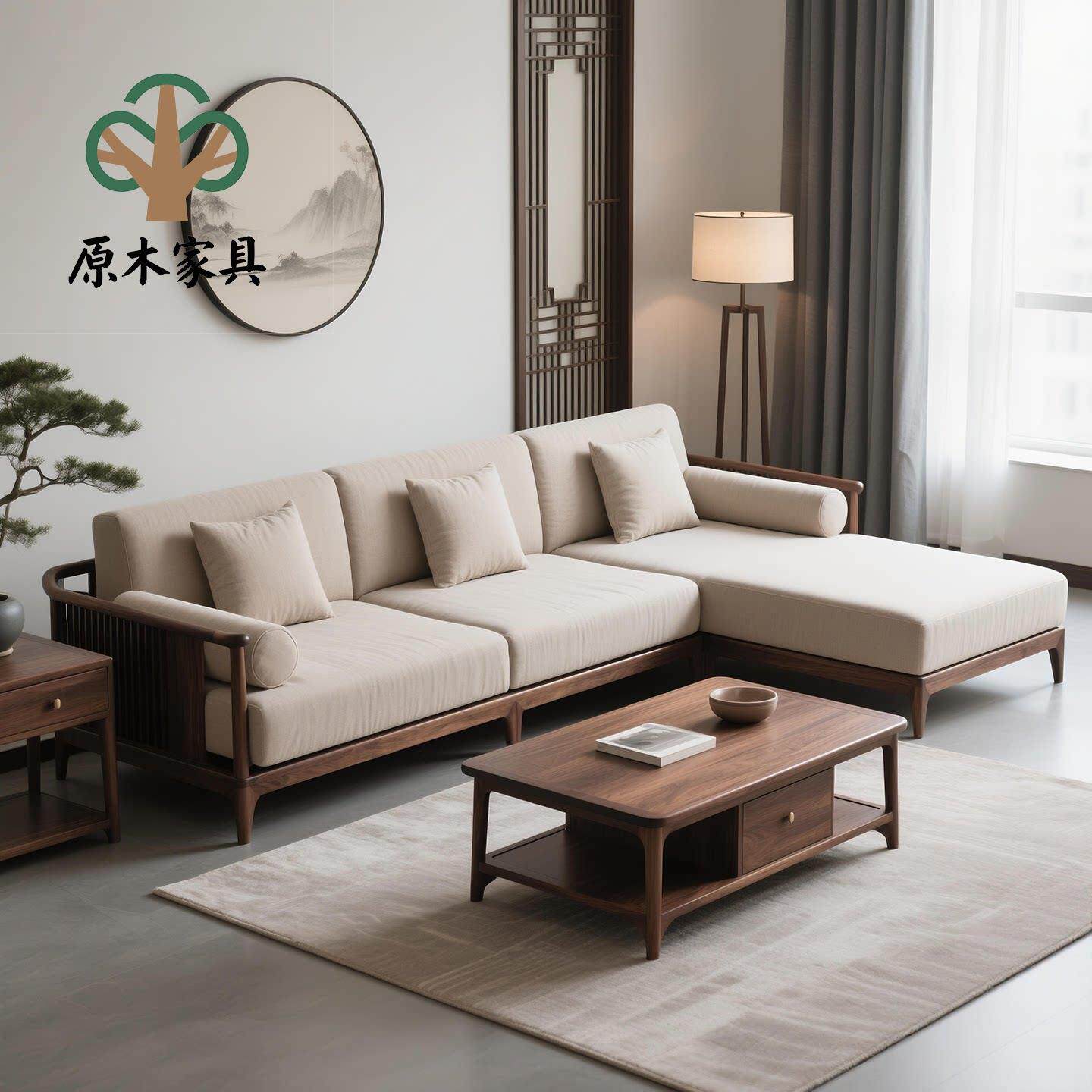 新中式实木沙发组合现代简约客厅北美黑胡桃木布艺沙发转角贵妃榻