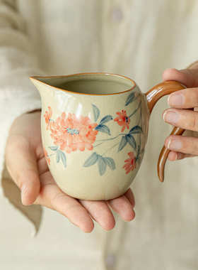 手绘汝窑公道杯釉下彩芙蓉花分茶器开片匀杯家用功夫茶具陶瓷茶海