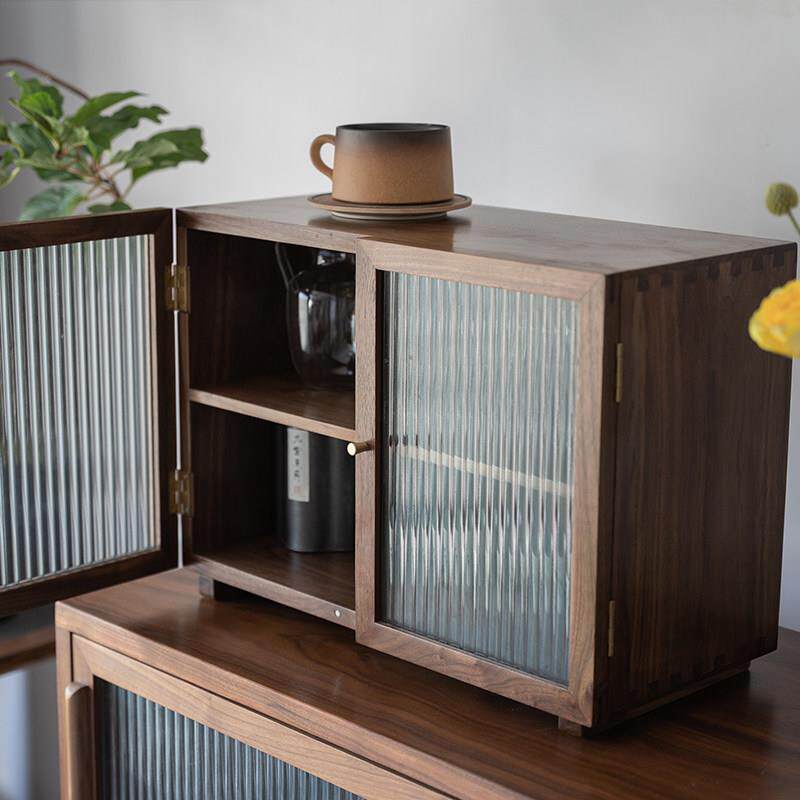 黑胡桃木燕尾榫卯小柜子玻璃门茶具储物柜护肤品瓷器茶杯收纳柜