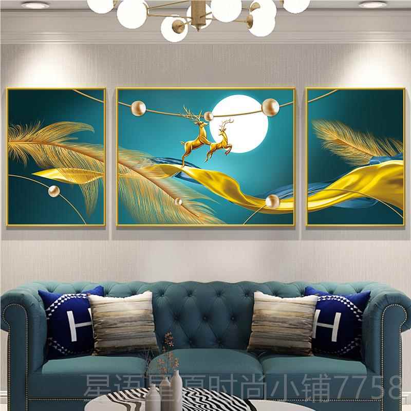 新款发现简约客厅装饰轻奢沙背景墙画面挂画三联画代大气招财麋鹿图片