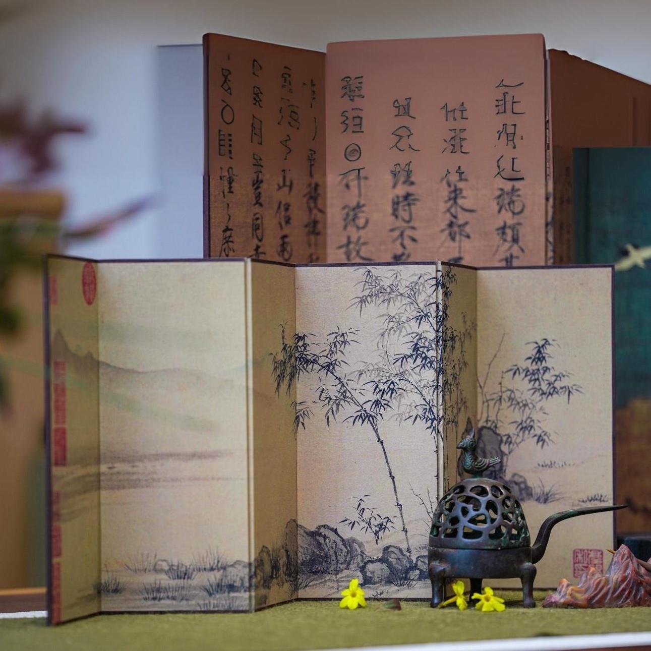 新款艺术中式国画装饰品小屏风茶室会所文玩桌面摆件山水竹石礼品