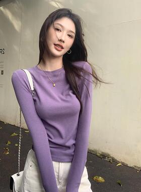 韩国紫色打底衫女长袖2026秋冬新款圆领t恤套头修身显瘦内搭上衣