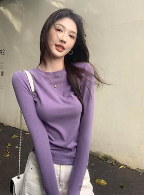 韩国紫色打底衫女长袖2026秋冬新款圆领t恤套头修身显瘦内搭上衣
