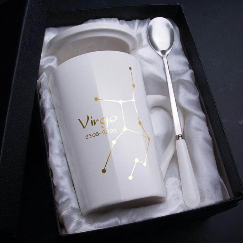 创意个性陶瓷马克杯十二星座咖啡杯带盖勺情侣水杯礼品家用杯子