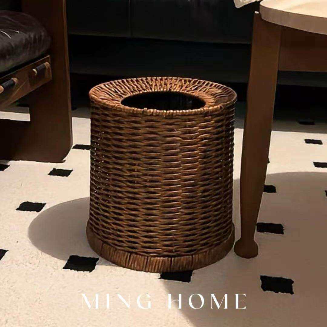 藤编垃圾桶复古纸篓双层大容量家用厨房客厅轻奢无盖手工编织