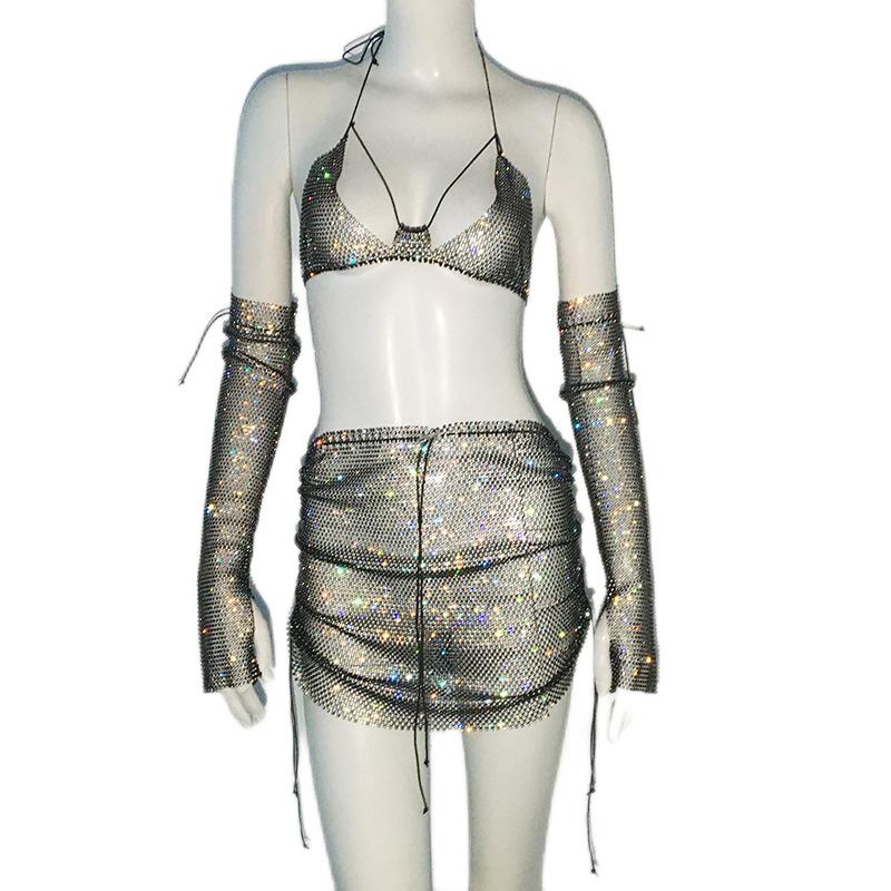 Womens Rhinestone Fishnet Suspender Sexy Sparkling Set
