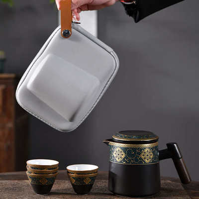 木柄便携式旅行茶具套装陶瓷户外随身茶水分离马克杯泡茶器收纳包