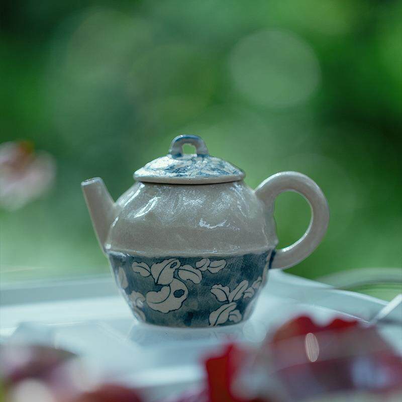 日式青花纯手绘残叶布壶茶陶瓷茶具文人器UDU泡茶里手执艺壶防烫