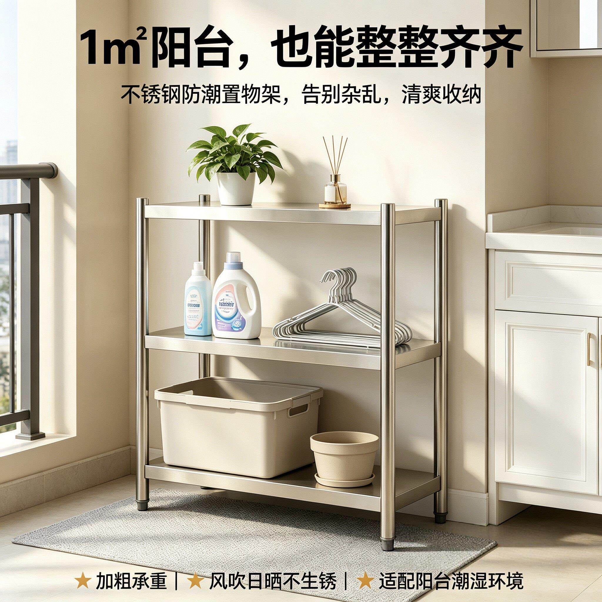 小户型阳台专用304 不锈钢置物架三层特厚多层落地收纳层架防水防