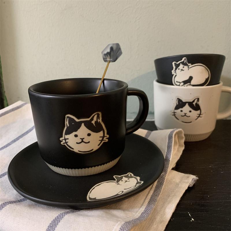 久物 日式粗陶马克杯 釉下彩黑色手绘猫咪系列水杯小容量杯