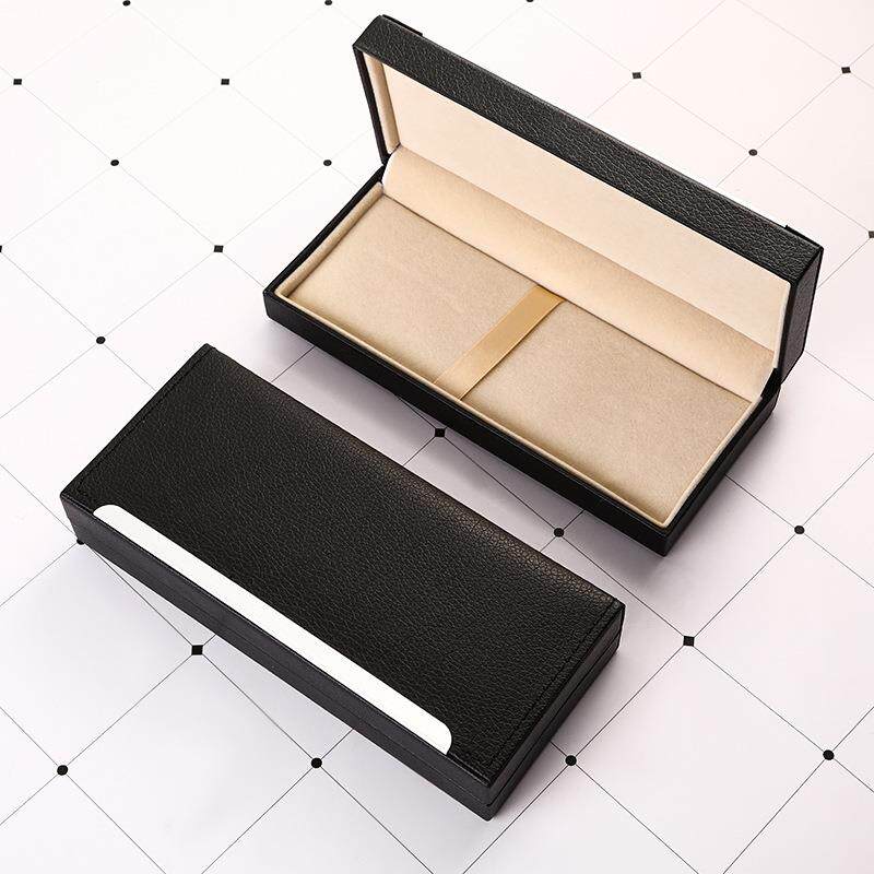 现货新款商务礼品 pu皮质钢笔盒子创意黑色翻盖文具盒烫金LOG