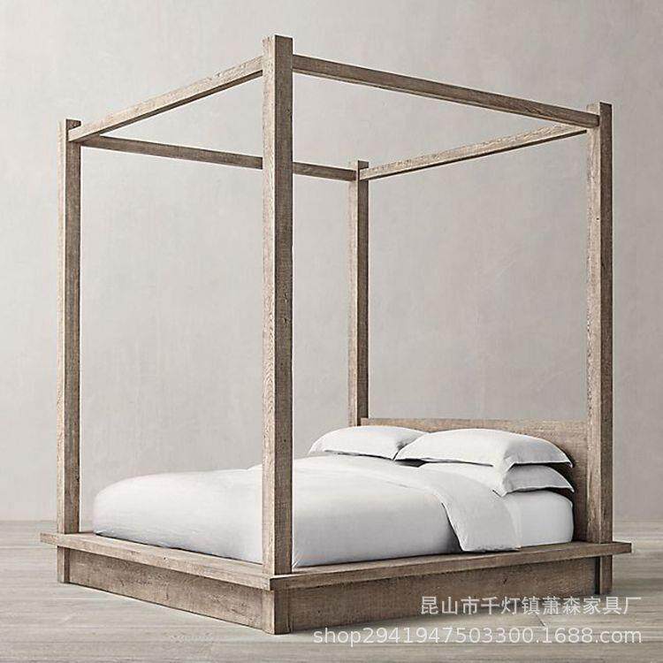 外贸出口法式实木复古双人床简约时尚高端仿古橡木蚊帐婚床家具