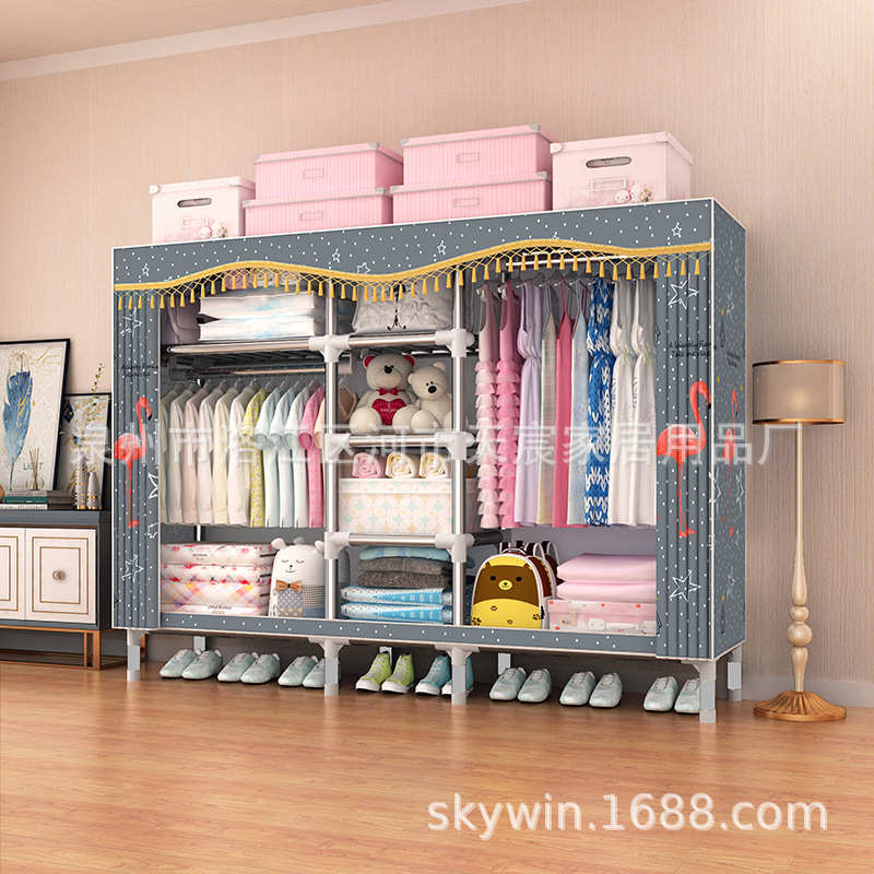 居家窗帘款布衣柜钢管加粗简约现代组装衣橱收纳柜C1701203优速