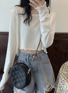 白色T恤女长袖2026年新款春内搭打底衫短款高腰设计感小众0206zd