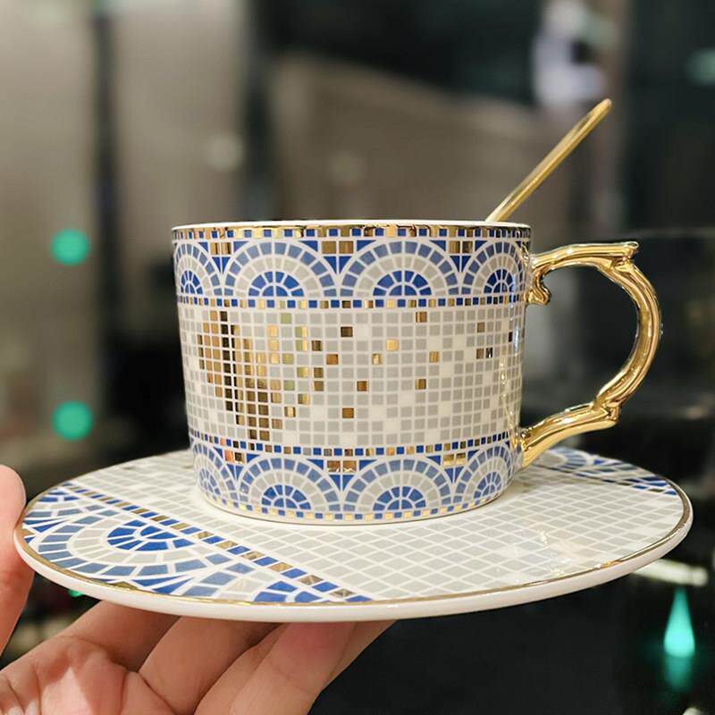 欧式宫廷风高档马赛克描金咖啡杯子配勺小奢华下午茶陶瓷杯碟套装