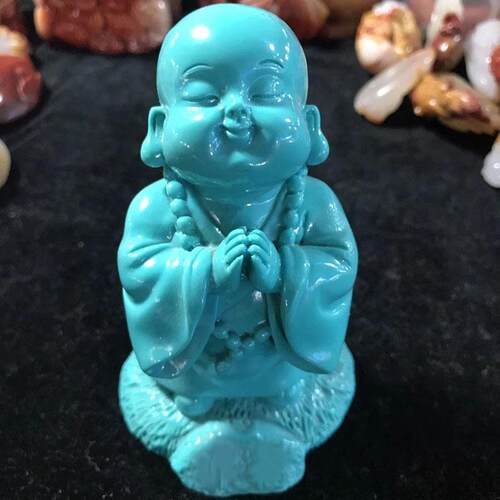 高档天然松石祝福佛意如笑面童子佛摆件家居商石铺陈设仿绿玉水晶