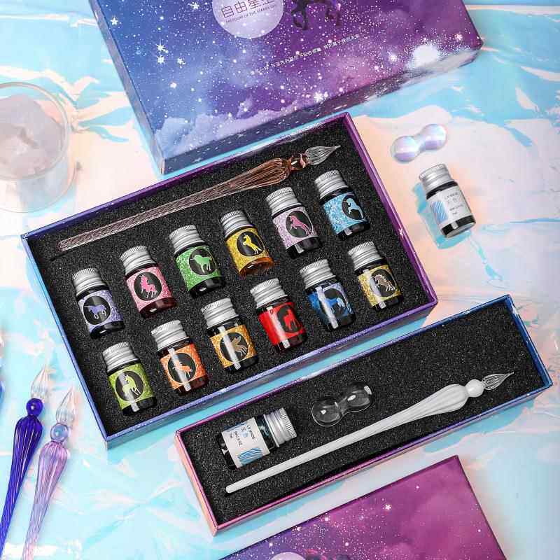 星空玻璃笔蘸水笔礼盒古风彩墨水晶笔签字笔学生创意网红礼物送同学渐变色手工沾水琉璃笔钢笔墨水高颜值套装
