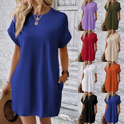 Women's Plain Pocket Batwing Sleeve Tee Dress  Casual Round