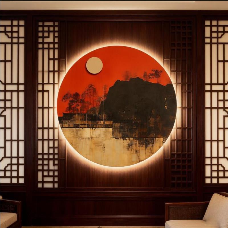 玄关装饰挂件圆形壁饰新中式客厅墙上壁挂画餐厅卧室床头墙饰带灯