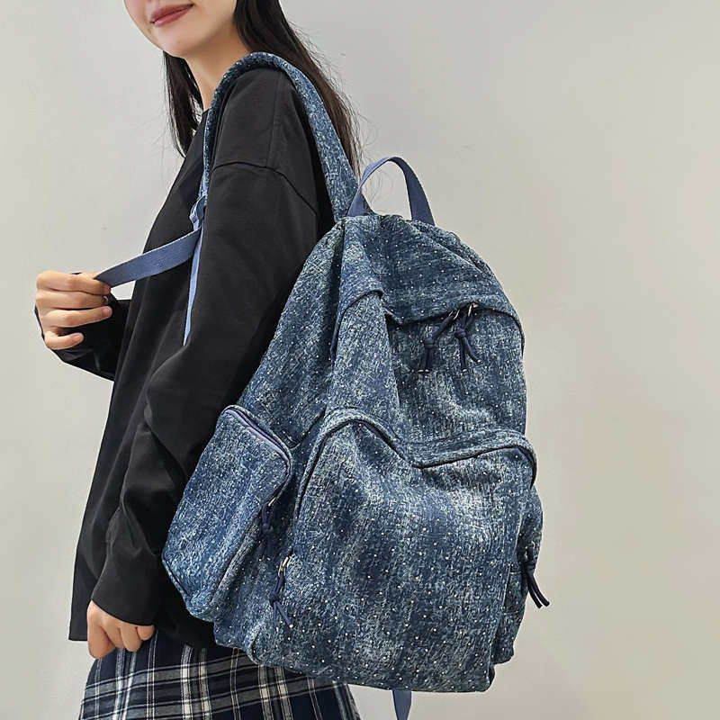 牛仔布亮晶晶设计感书包女生慵懒风大容量双肩包轻便韩系旅游背包