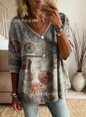 Floral print round neck mid sleeve round neck top
