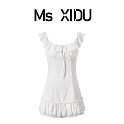 Ms 法式甜美蕾丝洋装夏季新款荷叶边1/4吋套筒扳手袖a字裙设计感