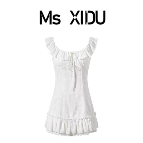 Ms 法式甜美蕾丝洋装夏季新款荷叶边1/4吋套筒扳手袖a字裙设计感