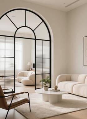 式奶F5M9TST9屏油风入户拱形法风铁艺客厅玄关半圆钢弧形隔断遮挡