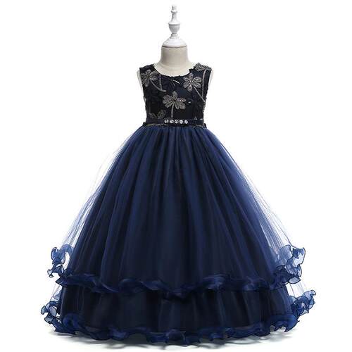 girls embroidery contrast sequin bow back tiered layer tulle