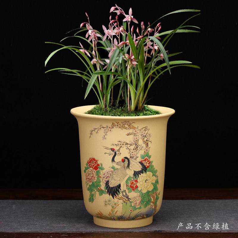 紫砂兰花盆贴画 画圆形精品大号客厅桌面君子兰蕙春兰古典陶瓷中