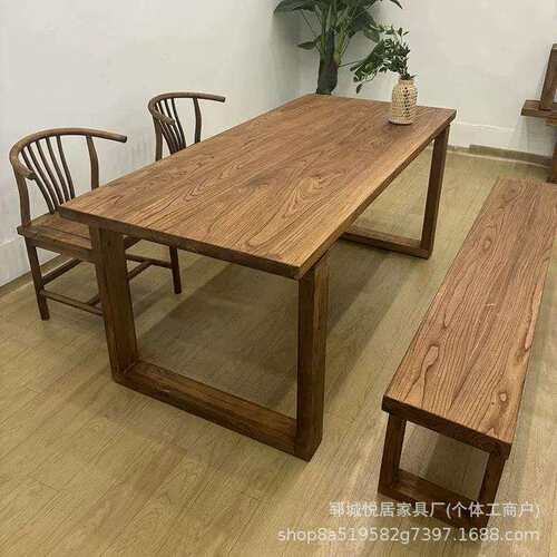 新中式老榆木餐桌实木长方形老门板茶台拼花长条桌多人办公桌茶桌