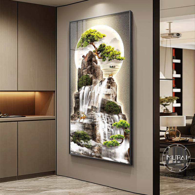 流水生财PVP入走户正门玄装饰画高端山水壁画灯对画关客厅廊过道