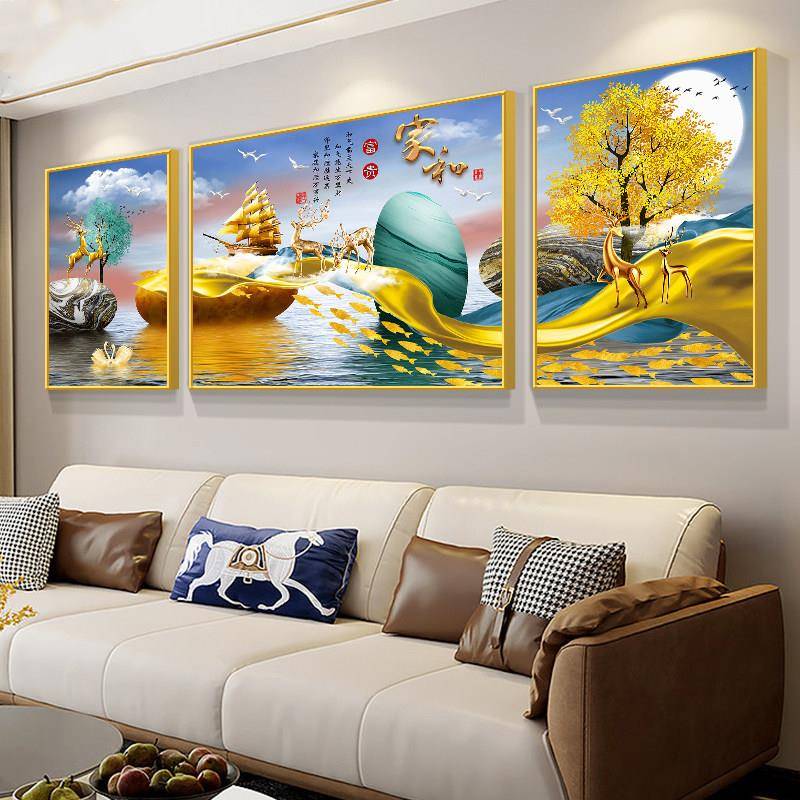 新中式客厅装饰 画现沙发背景墙壁画代 画三联-家轻奢大气画联三