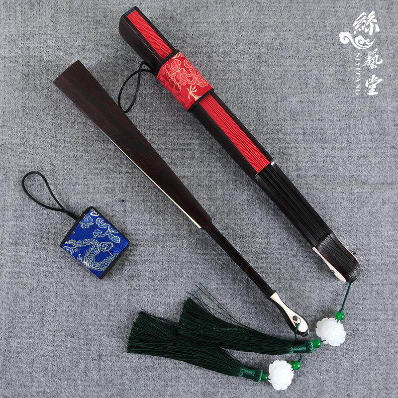真丝易堂11.5寸方乌木竹芯宣纸真丝折扇洒金空白折扇文万扇