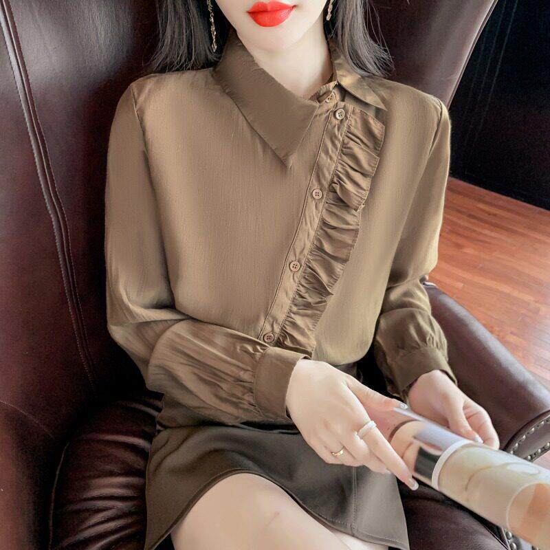 衬衫女春秋2025年新款时尚洋气设计感小众打底小衫荷叶边长袖上衣