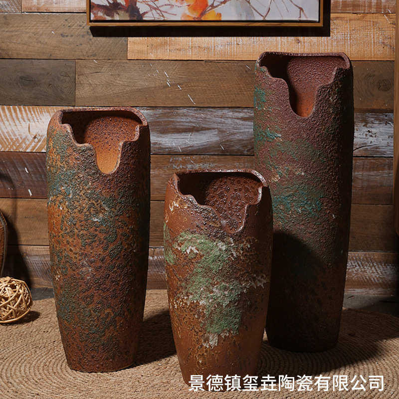 落地陶瓷花瓶创意复古铁锈粗陶缺口花盆多肉植物插花装饰摆件花器,家居饰品,花瓶,淘宝优惠券,粉丝福利购,淘宝优惠卷