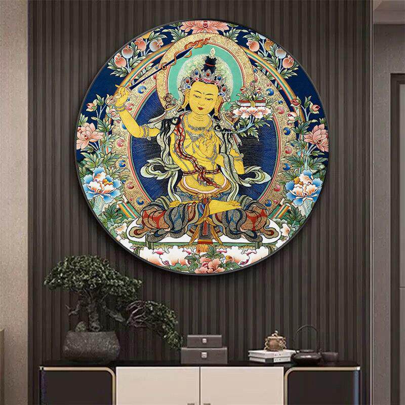 西藏族唐卡财神释迦牟尼佛佛像圆形装饰画酒店客厅玄关书房墙壁挂