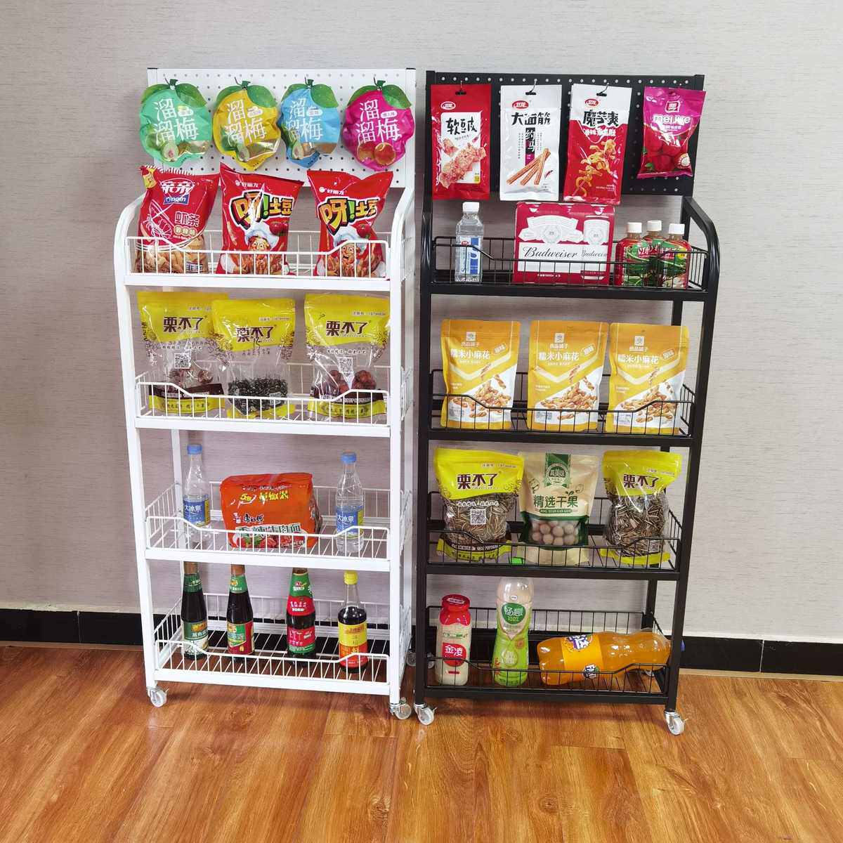 批发超市百货小货架 多层铁网展示架 移动挂钩零食饮料酒水陈列架