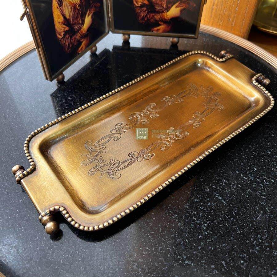 印度进口手工覆古黄铜托盘小茶盘烛台摆件盘做旧玄关装饰钥匙盘
