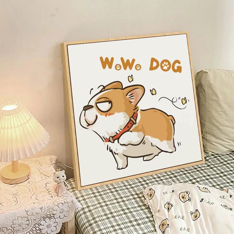 可爱柯基数位油画DIY手绘丙烯油彩简约现代风格家居饰品加厚实木