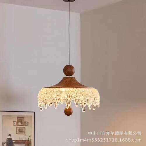 中古水滴复古胡桃木色过道灯轻奢升降餐厅吊灯法式简约床头小吊灯