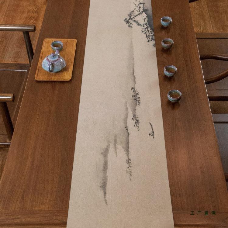 山水画新中式禅意桌旗防水茶旗垫子茶台茶桌垫布轻奢桌布茶席茶布