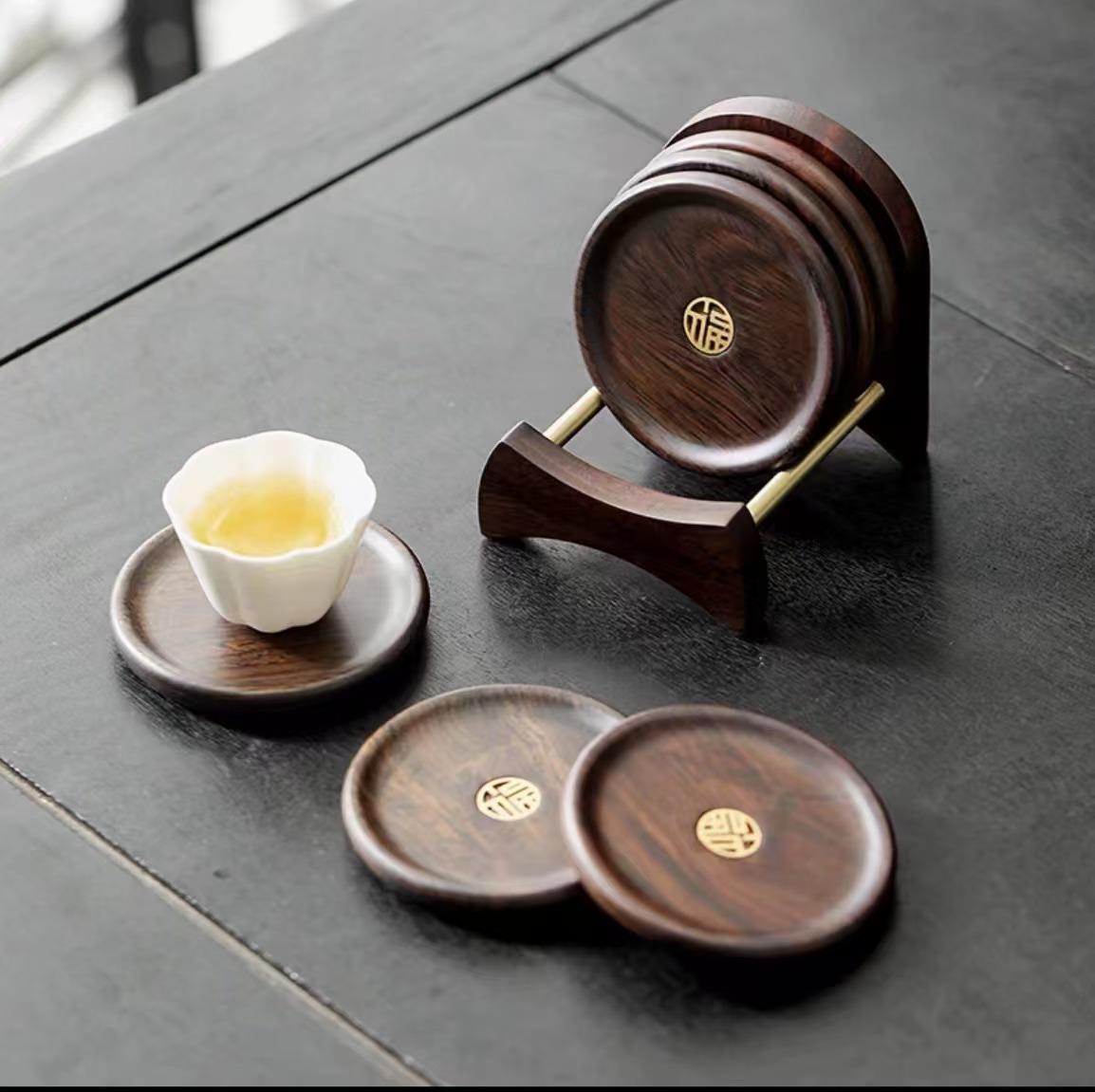 黑檀木铜木结合创意茶杯垫家用防烫圆形杯垫木质杯垫茶托垫